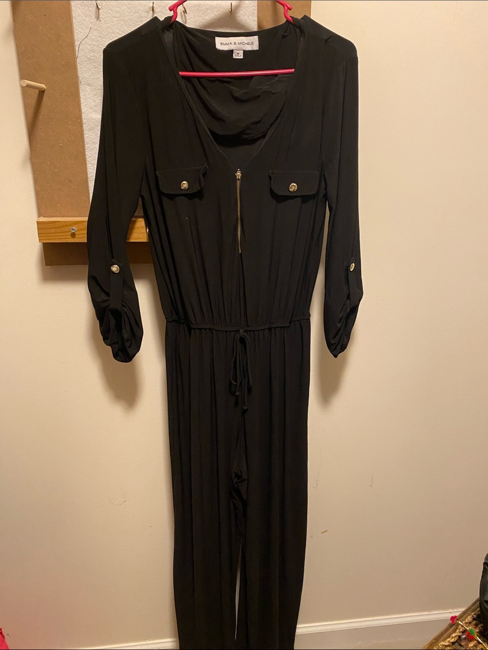 Emma & Michele Black Long-Sleeve Jumpsuit with Drawstring Waist